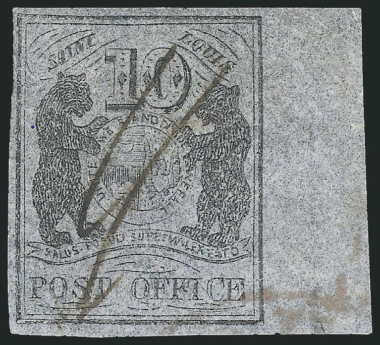 St. Louis Mo., 10c Black on Bluish Pelure (11X8).> Type II, Position 4 with <large right sheet margin> and full even margins on other sides, neat manuscript cancel and part of red St. Louis circular datestamp at
bottom, light impression on bright fre