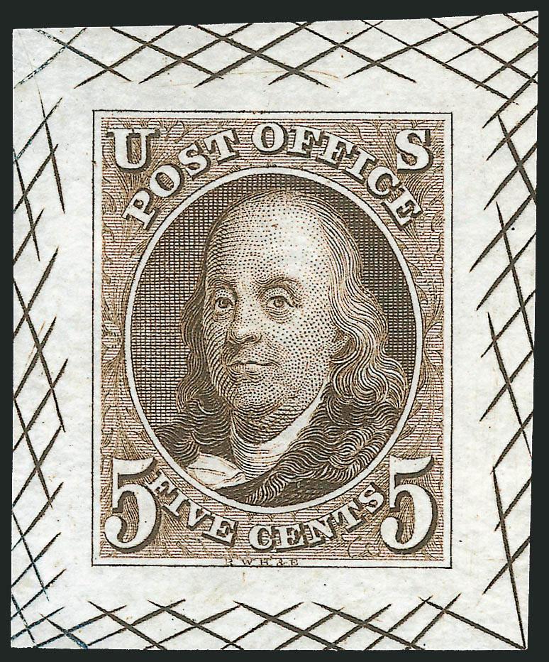 5c Red Brown, Large Die Proof on India (1P1).> 27 x 33mm, with cross-hatching, rich color, fresh and Very Fine