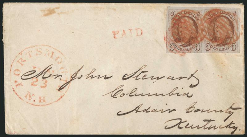 5c Red Brown (1).> Horizontal pair, three huge margins, clear to just in at bottom, <misaligned entries> with right stamp printed higher on the plate than the left (which no doubt accounts for the margin just
cutting in), tied by multiple strikes of