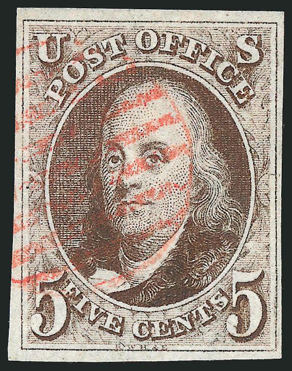 5c Red Brown (1).> Full to large margins, dark shade and crisp early impression, light strike of red grid cancel, Very Fine and choice