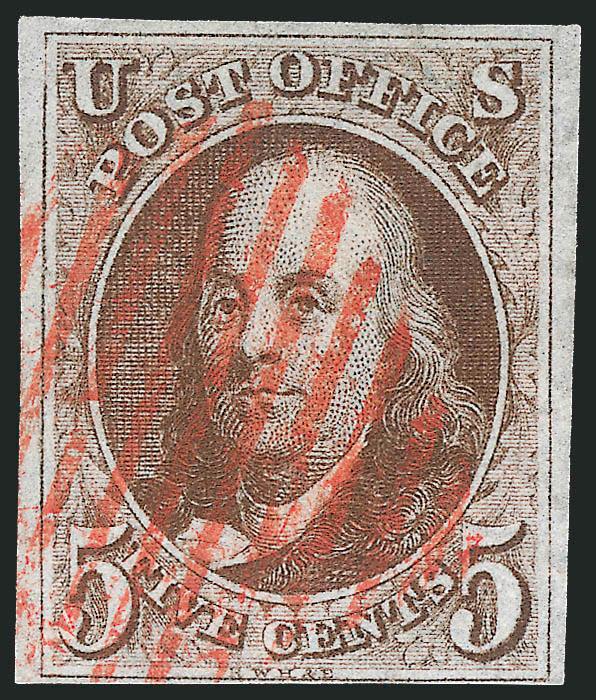 5c Red Brown (1).> Three full margins, clear at bottom, rich color and sharp impression, well-struck red New York square grid cancel, Fine