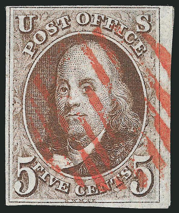 5c Red Brown (1).> Huge margin at right including trace of adjoining stamp, others full to clear, beautiful dark color and impression (probably from First Delivery), neat strike of red grid cancel, Fine, with
1985 P.F. certificate as Brown shade