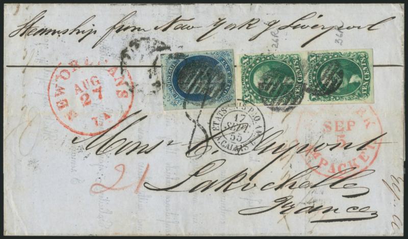 10c Green, Ty. IIIII (1514).> Positions 26R36R1, vertical pair, top Type III,, bottom Type II, large margins, <used with 1c Blue, Ty. IV (9)> and tied by grids, red New Orleans La. Aug. 27 circular datestamp on
1855 part-printed notice <to La Ro