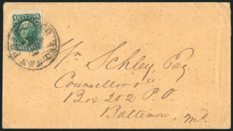 10c Green, Ty. III (15).> Position 1L1, the <misplaced relief B instead of A> -- the only Type III corner position possible (others are Types I or II) -- huge margins including part of <top left corner margin,>
tied by bold strike of San Francisco C