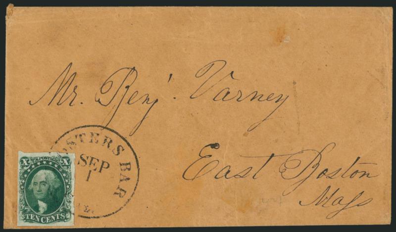 10c Green, Ty. III (15).> Large margins all around, tied by Fosters Bar Cal. Sep. 1 circular datestamp on buff cover to East Boston Mass., cover with minor wear, Very Fine, ex Knapp
