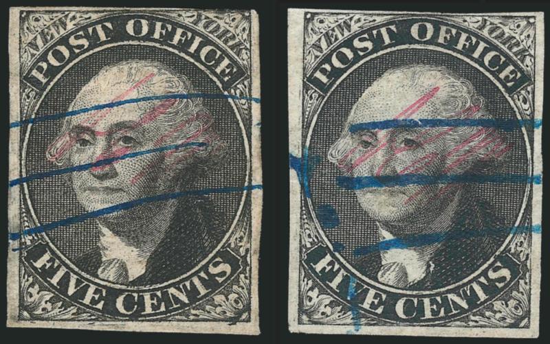 New York N.Y., 5c Black, ACM Initials (9X1).> Two, Positions 4 and 23, both show prominent <double transfers,> first large margins to just touched at top right and with blue manuscript cancel, tiny corner crease
at bottom left, second large margins