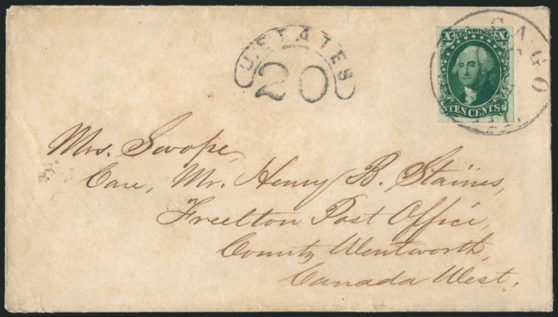 10c Green, Ty. III (15).> Large even margins, deep rich color, tied by Chicago Ill. Oct. 19, 1857 circular datestamp on cover <to Freelton Post Office, Canada West,> neat strike of U. States 20 in arc handstamp,
transit and receiving backstamps,