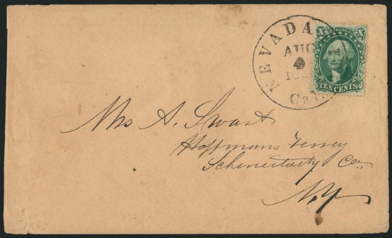 10c Green, Ty. III (33).> Choice centering, bright shade, tied by Nevada City Cal. Aug. 4, 185? circular datestamp on cover to Hoffmans Ferry N.Y., slightly reduced at left, Extremely Fine, a pretty
cover
