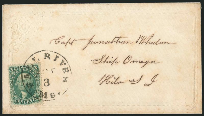 10c Green, Ty. III (33).> Bright color, tied by Fall River Ms. Sep. 3 circular datestamp on ladies cover <to Hilo, Hawaii,> some minor toning spots, Very Fine