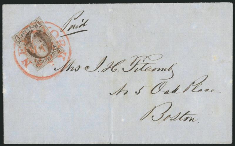 5c Grayish Brown (1a var).> Full margins to clear, light shade, tied by well-struck New-York Mar. 22 circular datestamp on blue folded cover to Boston, light vertical file fold well away from stamp, fresh and
Fine example of the Grayish Brown, rare