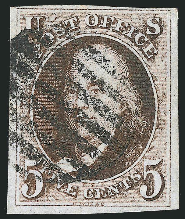 5c Blackish Brown (1a var).> Large margins to full, intense shade and impression, well-struck <black grid> cancel, tiny corner crease at top right, Very Fine appearance, with 1999 note from Dr. Amonette noting
color but suggesting treatment with pero