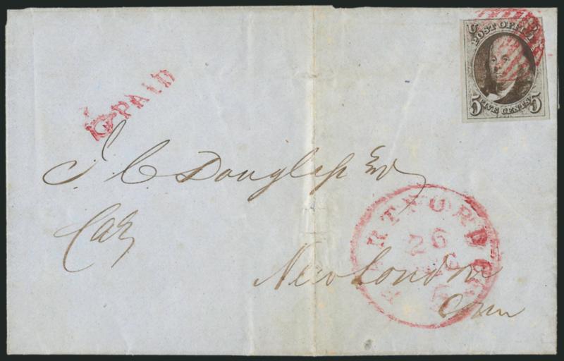 5c Blackish Brown (1a var).> Large margins to clear, intense shade and impression, tied by <magenta grid,> matching Hartford Ct. 5 26 Dec. integral-rate circular datestamp and <Paid with pointing hand> handstamp
on blue 1848 folded letter to New