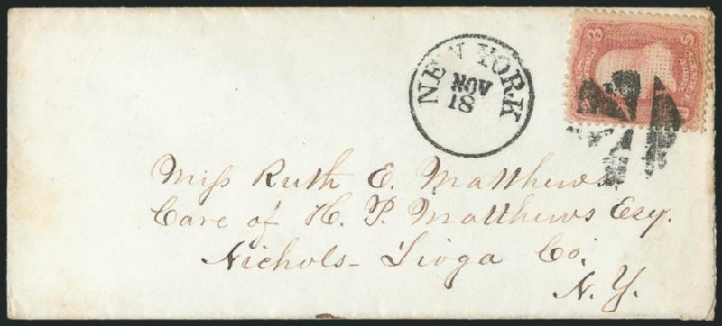 3c Rose, C. Grill (83).> Tied by quartered cork, New-York Nov. 18 circular datestamp on cover to Nichols N.Y., Very Fine, very early usage, the earliest documented usage is two days earlier on November 16