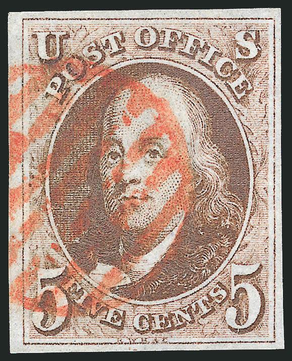 5c Red Brown (1).> Large to full margins, intense color nicely complemented by red grid cancel, fresh and Very Fine and choice, a pretty stamp