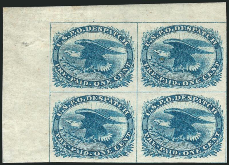 1c Blue, Eagle Carrier (LO2).> Two blocks of four, one with <top left sheet margin,> other with <top right sheet margin,> other margins to in, original gum, h.r., few small flaws, Fine appearance