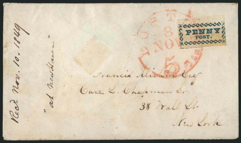 Boston Mass., 1c Blue on Pelure (3LB1).> Huge margins to just clear including <sheet margin at top,> tied by red Boston 5cts. 8 Nov. integral-rate circular datestamp on cover to New York, 1849 docketing at left,
some slight wear including cover scu