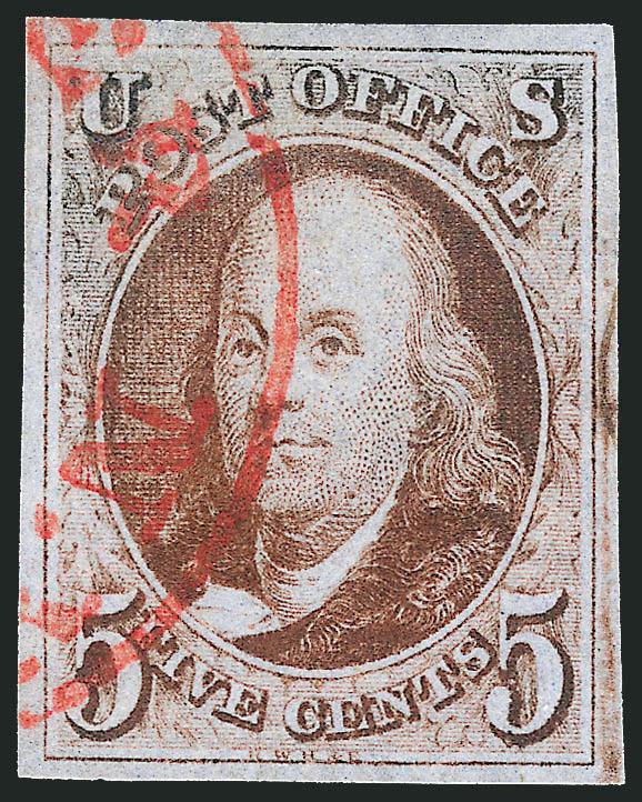 5c Red Brown (1).> Large even margins all around, pretty color, neat strike of <red circular datestamp> and trace of manuscript in right margin, Very Fine, desirable when cancelled solely by the town
datestamp