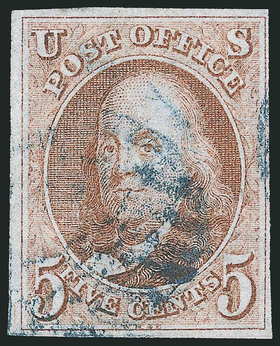 5c Red Brown (1).> Light shade, full margins to clear, cancelled by <blue grid> handstamp, fresh and Fine