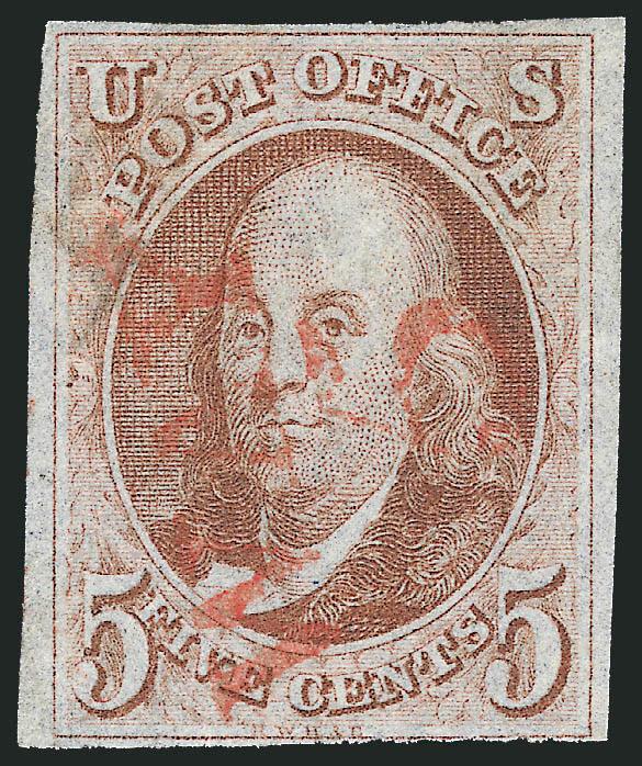 5c Red Brown (1).> Large margins to just touched, bright shade, light strike of <red ^WAY 5^> handstamp, some manuscript offset on back shows thru at upper left, Fine, scarce cancel