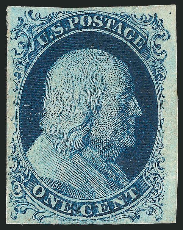 1c Blue, Ty. II, Plate 3 (7).> Position 10R3 with <major double transfer,> original gum, full to large margins including part of right sheet margin, intense Prussian Blue shade, sharp impression showing double
transfer lines, a few dips in fluid were
