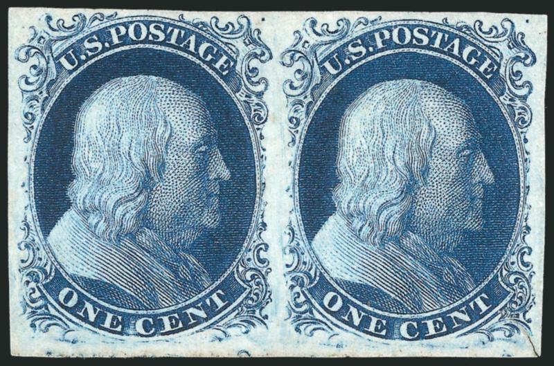 1c Blue, Ty. II (7).> Positions 2-3L4, horizontal pair, unused (no gum), <both stamps have a significant break in the bottom outer line, which meets the definition of Type IIIa,> large margins all around, rich
color, small tear at bottom right corner