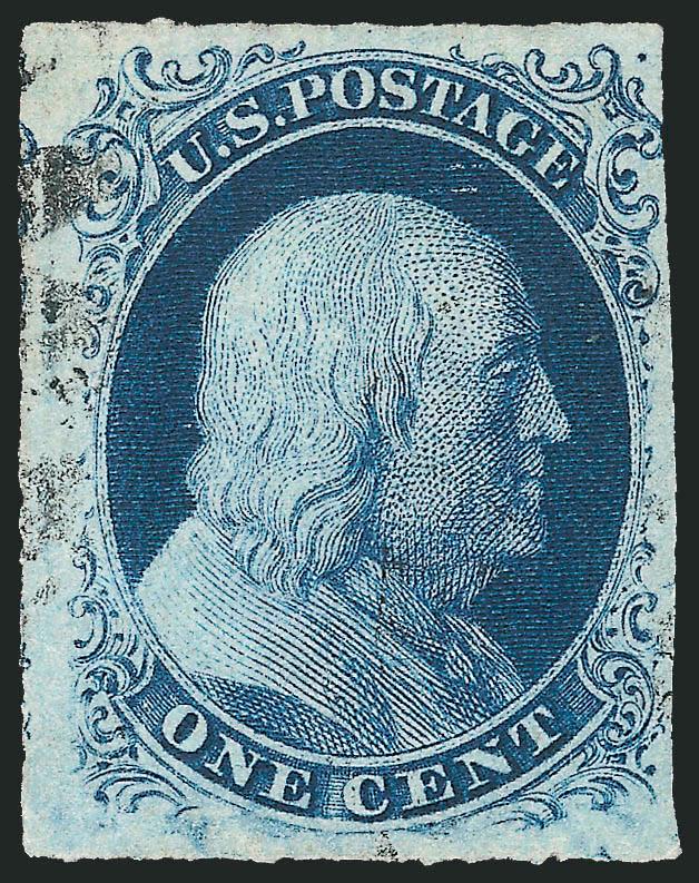 1c Blue, Ty. II (7).> Position 9R4, three huge margins, clear to barely in at upper right, intense shade and impression, unobtrusive cancel, Very Fine, a pretty stamp from the top row of Plate 4, ex
Neinken