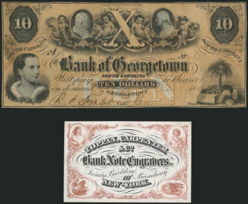 Toppan, Carpenter & Co., 1851 Issue Collateral.> Two items: black and reddish brown calling card with vignettes including eagle used on 1c Eagle Carrier (LO2), and Bank of Georgetown S.C. $10.00 obsolete bank
note with Franklin and Washington vignett