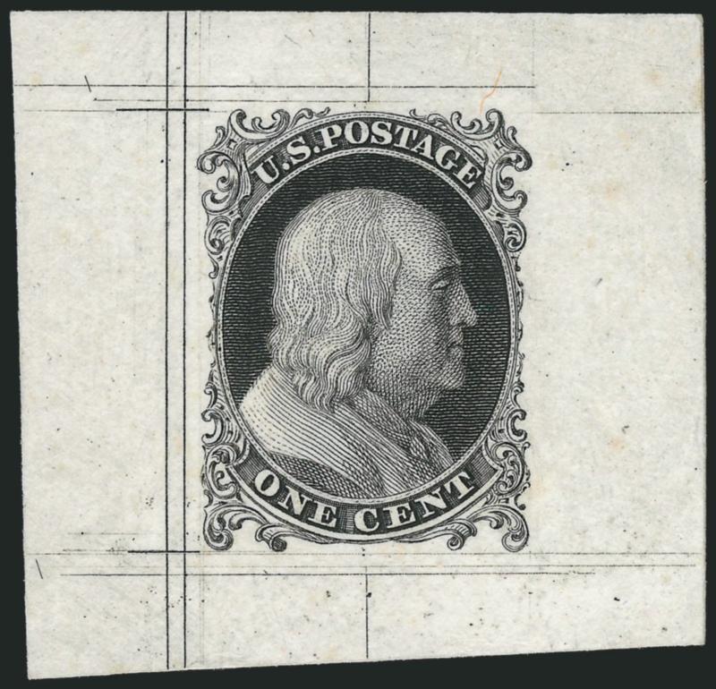 1c Black, Large Die Trial Color Proof on Card (5TC1).> Approximately 40 x 41mm card, sharp impression and bright fresh paper<><>^VERY FINE. ONE OF THREE REPORTED PROOF IMPRESSIONS FROM THE ONE-CENT 1851 ISSUE
DIE (ONE IN BLUE). PROBABLY EXECUTED DU