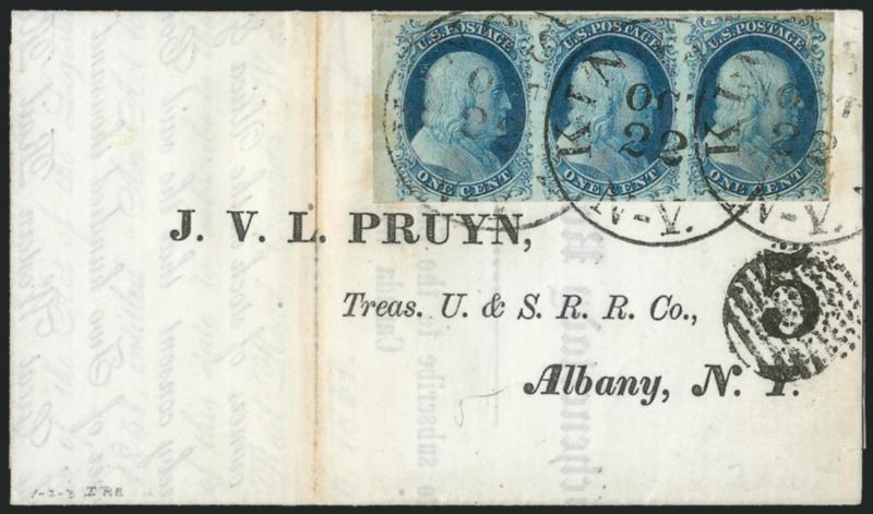1c Blue, Ty. II-II-Ib (7-7-5A).> Positions 1-3R1E, horizontal strip of three containing Type Ib at right and pair of Type II at left, ample to large margins including sheet margin at left, some excess gum on
face at top and minor gum soaks in right m