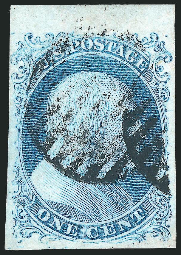 1c Blue, Ty. Ib (5A).> Position 3R1E, large margins all around including <sheet margin at top,> pretty bright Plate 1 Early shade, grid cancel, slight crease at bottom right, also a tiny thin speck in right
margin not noted on certificate<><>^EXTRE