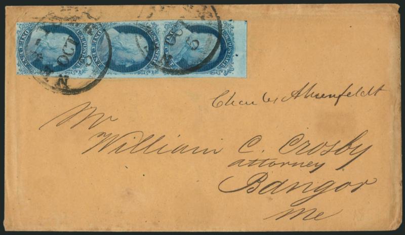 1c Blue, Ty. IbIIIaII (5A8A7).> Positions 31323R1E, vertical strip of three, Type Ib at top has huge margins including <top sheet margin,> left margin angles inward toward bottom half and right is mostly large,
tied by two strikes of New-York