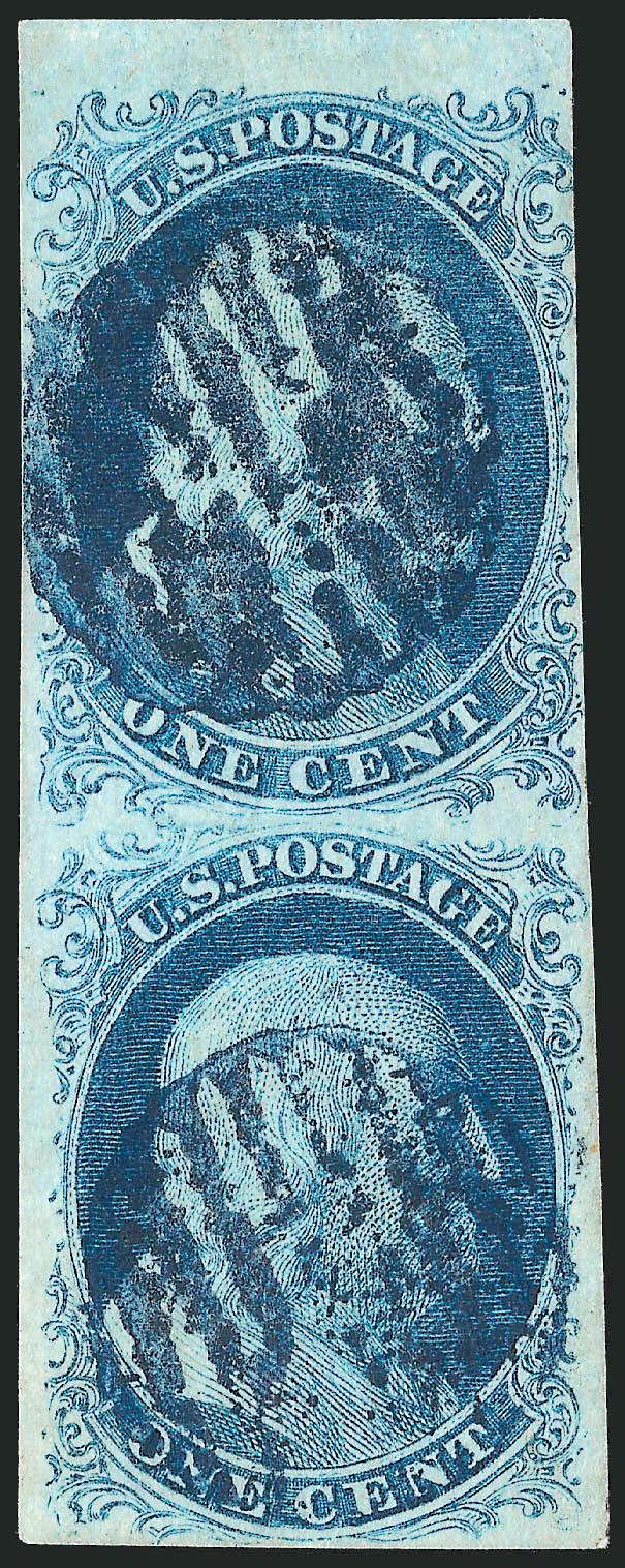 1c Blue, Ty. IbII (5A7).> Positions 616R1E, vertical pair with Type Ib at top, <sheet margin at top>, other sides large to barely in at upper right ornament, bright Plate 1 Early shade, <blue> grid cancels,
stitch watermark, faint corner crease in