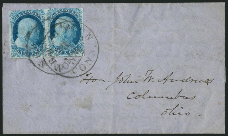 1c Blue, Ty. I-Ib (5-5A).> Positions 7-8R1E, horizontal pair, large margins to just in at top and showing <complete design at bottom,> brilliant Plate 1 Early color, tied by two strikes of New Haven Conn. ? Mar.
circular datestamp on Feb. 25, 1852