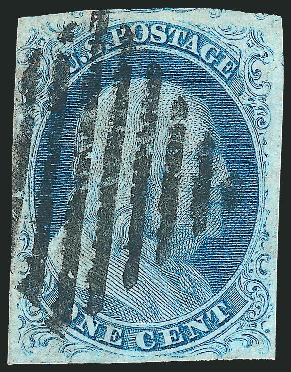 1c Blue, Ty. IIIa (8A).> Position 17R1E, wide break in top outer line, ample to large margins <showing parts of the plumes and balls of Position 7R1E above,> New York square grid cancel, Very Fine, the reason
that 7R1E retained its Type I elements at