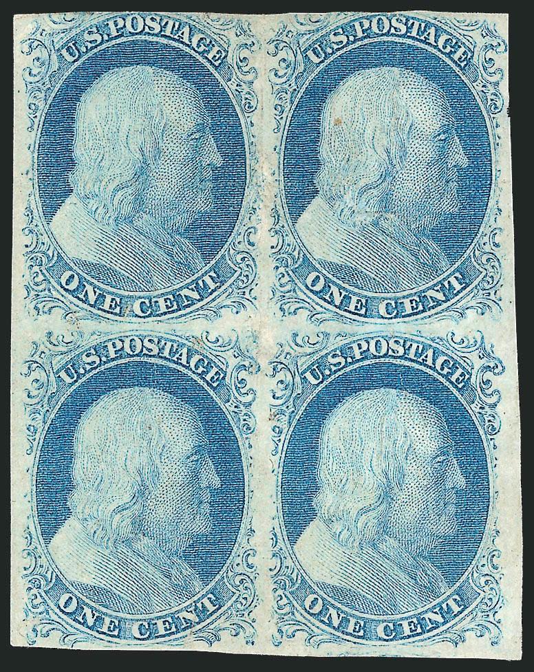 1c Blue, Ty. II (7).> Positions 39-4049-50R1E, block of four, original gum, part of <right sheet margin,> ample to large margins at left and bottom, close to touching at top, bright shade, slight creases, thin
spots in right pair, some lightened sta