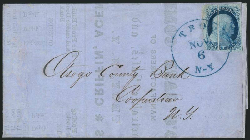 1c Dark Blue, Ty. IIIa (8A).> Position 81L1E, <double transfer, one inverted,> this position shows a wide break in outer line at <bottom> (a rare Type IIIa with break at bottom instead of top), large margins to
just in at bottom left, intense shade a