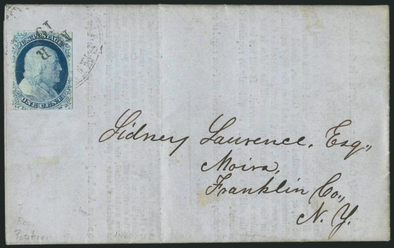 1c Blue, Ty. IV (9).> Position 91L1L, <triple transfer, one inverted,> margins to just in, tied by light strike of Washington D.C. Mar. 10 circular datestamp on 1855 folded printed notice of Bounty Land Bill to
Noira N.Y., fresh and Fine, scarce us