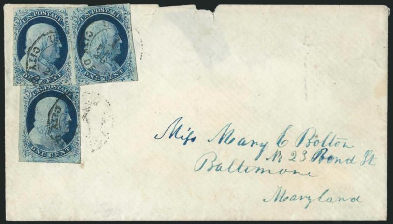 1c Blue, Ty. IV (9).> Three singles, margins to in, tied by <U.S. Mail, City Delivery, 1 Feb. 26> double-circle datestamps on cover to Baltimore Md., missing part of top flap, minor edgewear, Very Fine,
extremely rare use of the carrier datestamp u