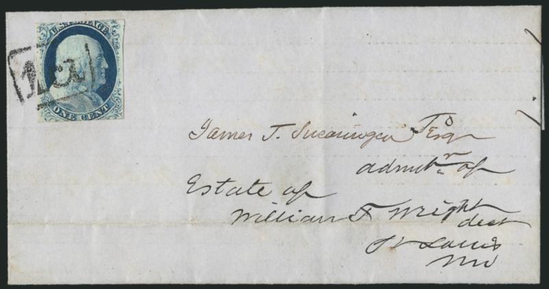 1c Blue, Ty. IV (9).> Margins to in, rich color, tied by <1ct boxed> handstamp on folded part-printed notice to local St. Louis address, stamp creased prior to use, still Fine, scarce cancel, ex Neinken