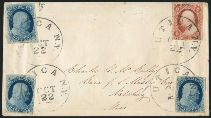 1c Blue, Ty. IV (9).> Three, used with <3c Dull Red, Ty. II (11A),> each stamp placed at corner of cover and tied by neat strikes of Utica N.Y. Oct. 22 circular datestamp on cover to Natchez Miss., stamp at
bottom left corner small tear at top left