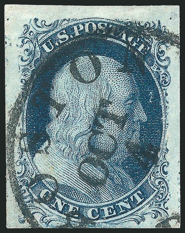 1c Blue, Ty. II (7).> Position 7L2, huge margins including part of top sheet margin, dark shade, Boston datestamp, faint small thin in top right margin could be trimmed to leave a sound stamp with slightly
smaller margins, Extremely Fine, ex Neinken