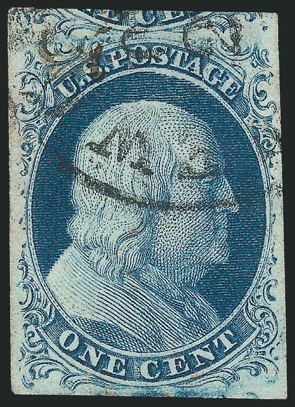 1c Blue, Ty. II (7).> Position 14L2, interesting variety showing break in vignette oval at top under stage, large to huge margins showing parts of adjoining stamps, New Orleans datestamp, trace of red cancel and
a bit of manuscript, Extremely Fine